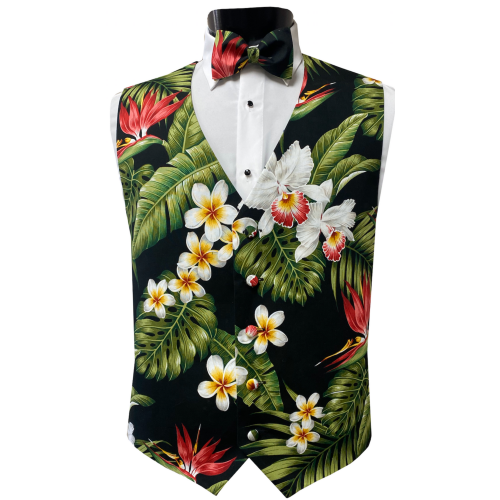 Hawaiian Red Bird of Paradise Tuxedo Vest and Bow Tie Set